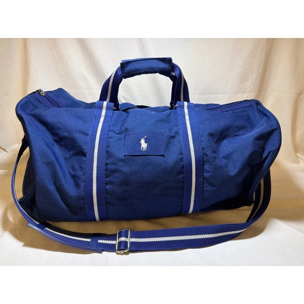 Polo Ralph Lauren Blue Canvas Duffel Bag Weekender Royal Blue‎ Striped Strap
